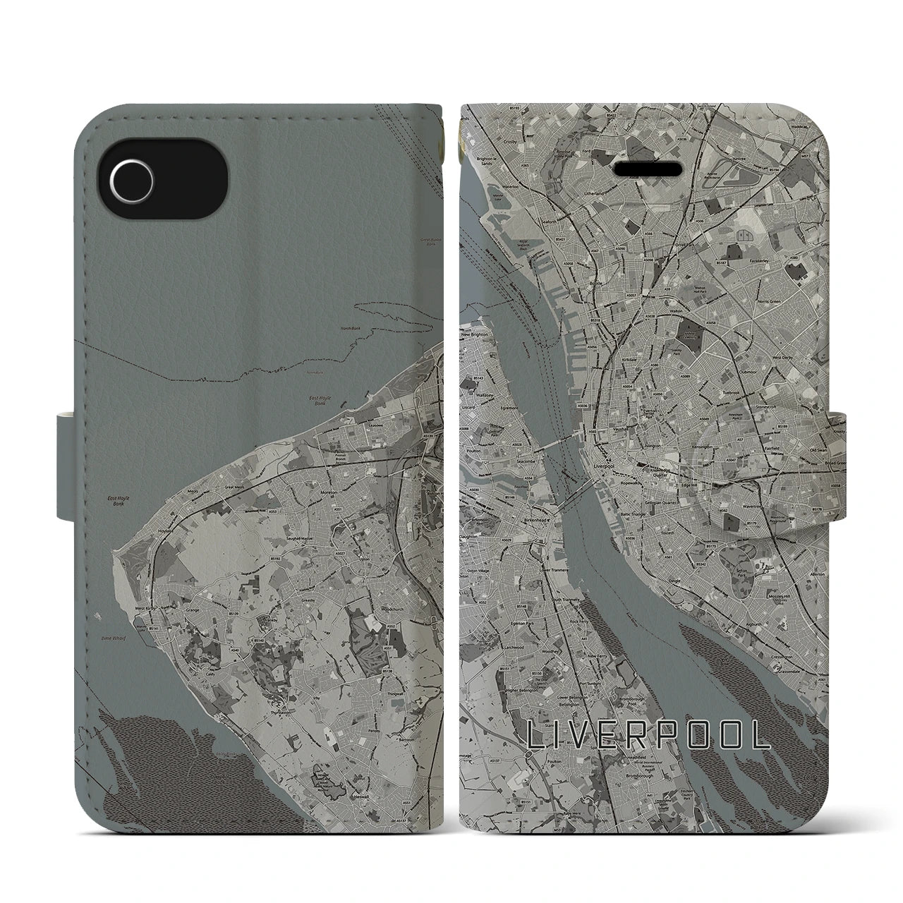 【リヴァプール(イギリス)】地図柄iPhoneケース(手帳タイプ)モノトーン・iPhone SE(第3 / 第2世代) / 8 / 7 / 6s / 6 用
