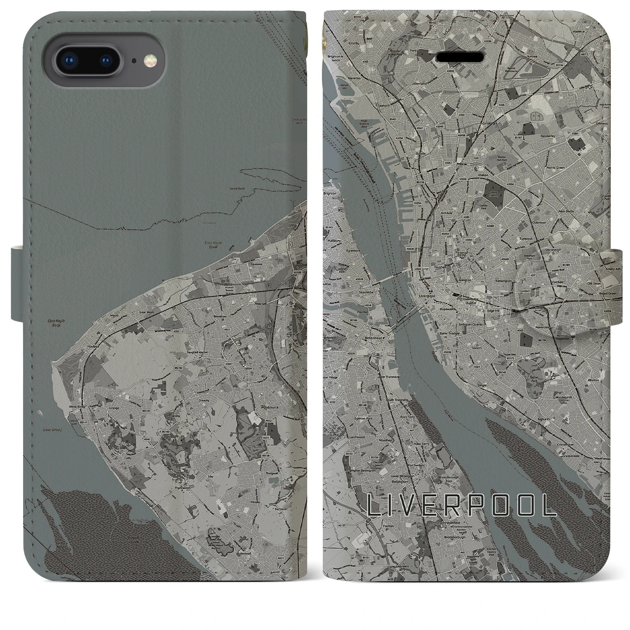 【リヴァプール(イギリス)】地図柄iPhoneケース(手帳タイプ)モノトーン・iPhone 8Plus /7Plus / 6sPlus / 6Plus 用