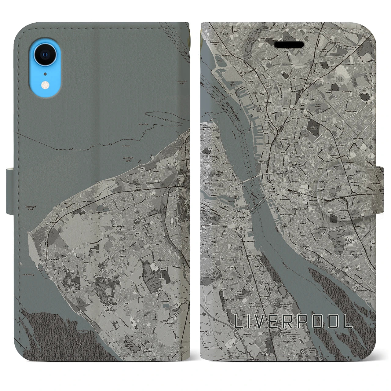 【リヴァプール(イギリス)】地図柄iPhoneケース(手帳タイプ)モノトーン・iPhone XR 用