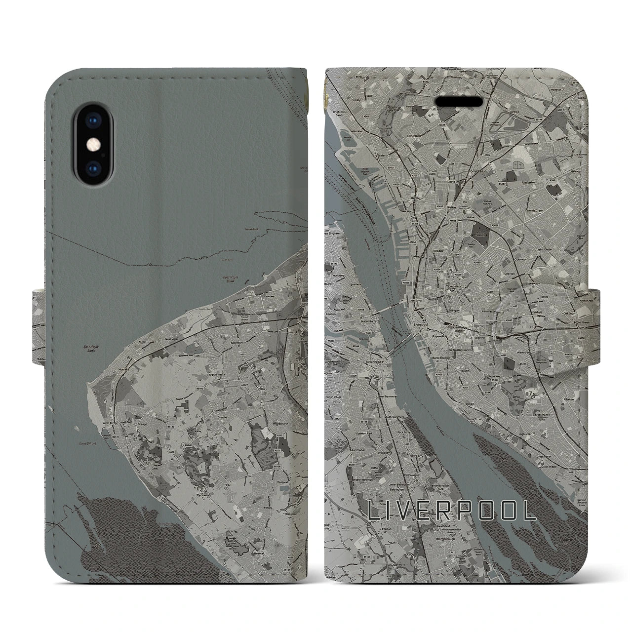【リヴァプール(イギリス)】地図柄iPhoneケース(手帳タイプ)モノトーン・iPhone XS / X 用