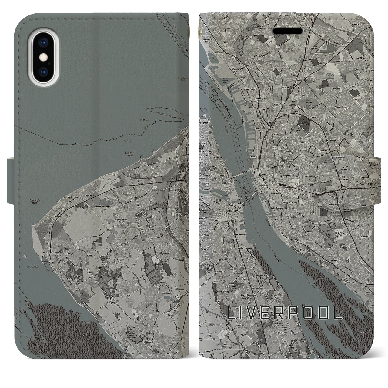 【リヴァプール(イギリス)】地図柄iPhoneケース(手帳タイプ)モノトーン・iPhone XS Max 用