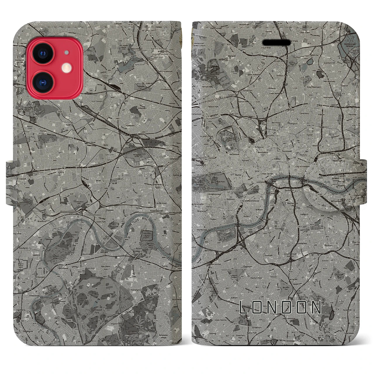 【ロンドン(イギリス)】地図柄iPhoneケース(手帳タイプ)モノトーン・iPhone 11 用
