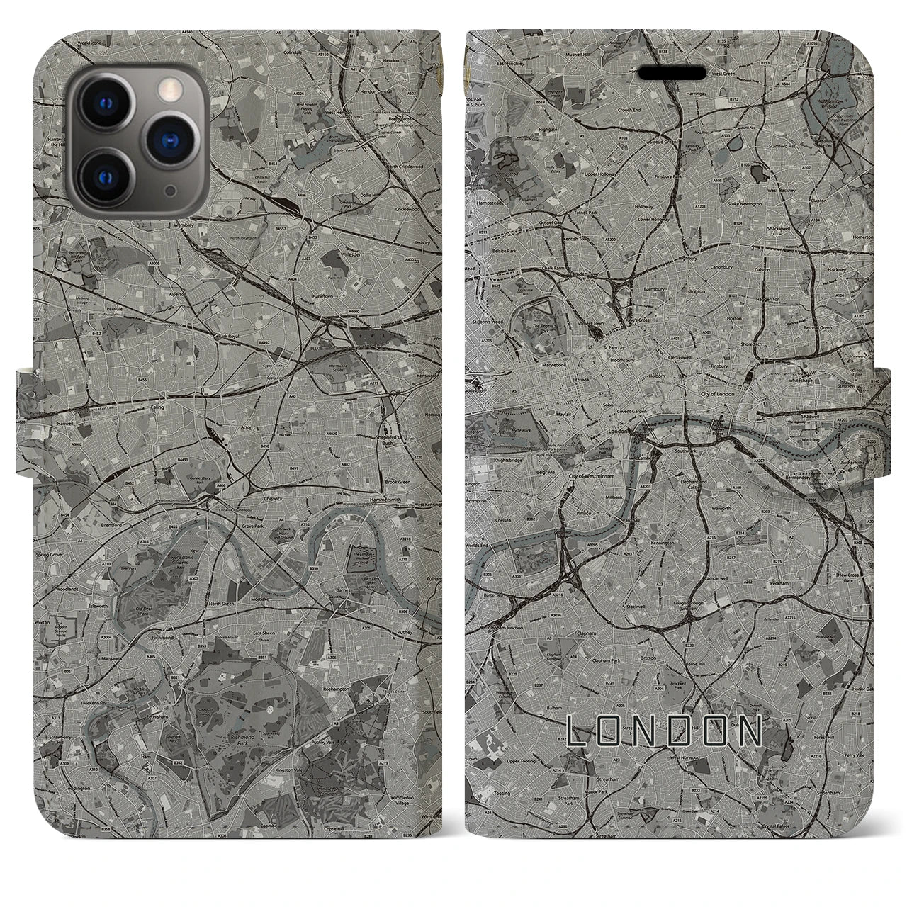 【ロンドン(イギリス)】地図柄iPhoneケース(手帳タイプ)モノトーン・iPhone 11 Pro Max 用