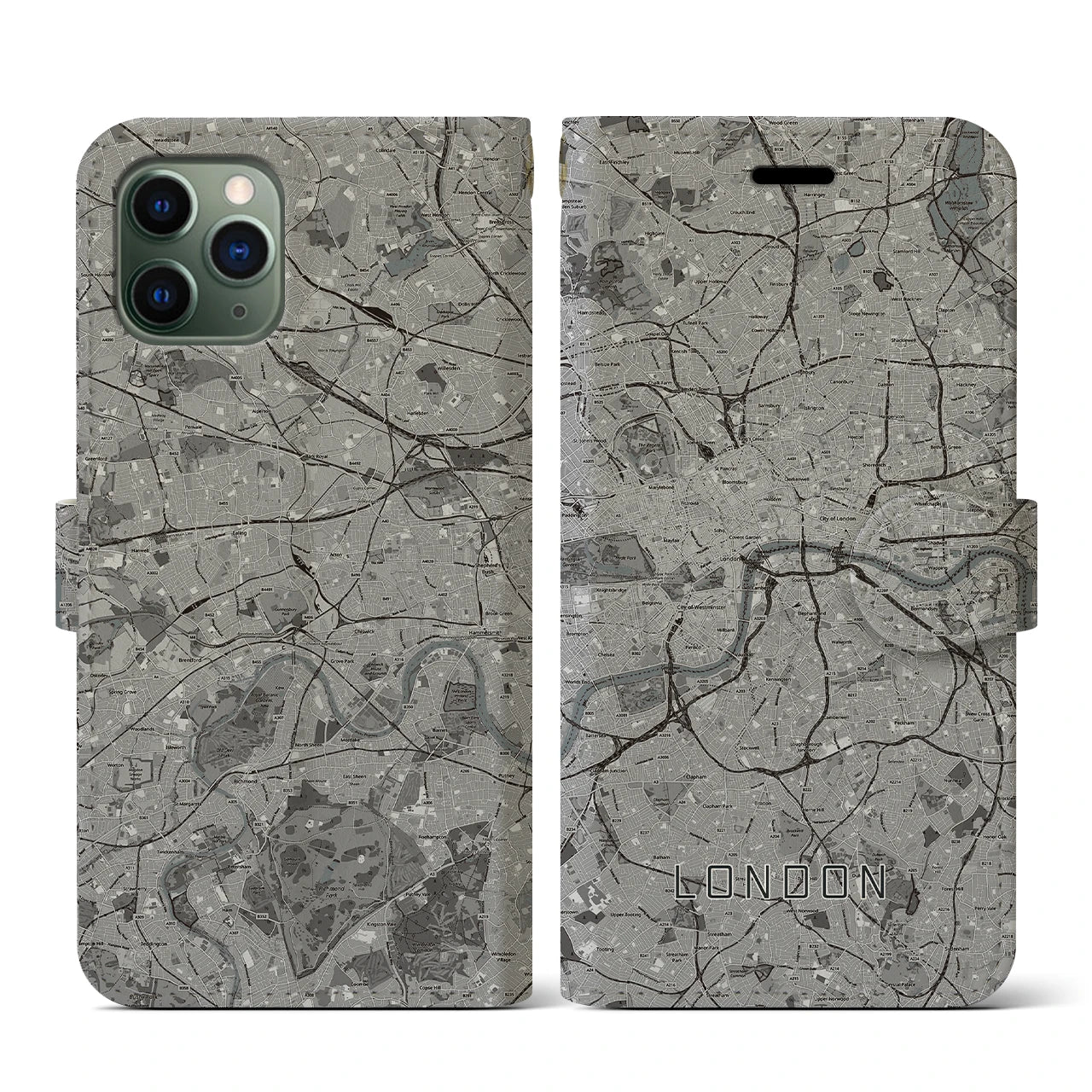 【ロンドン(イギリス)】地図柄iPhoneケース(手帳タイプ)モノトーン・iPhone 11 Pro 用