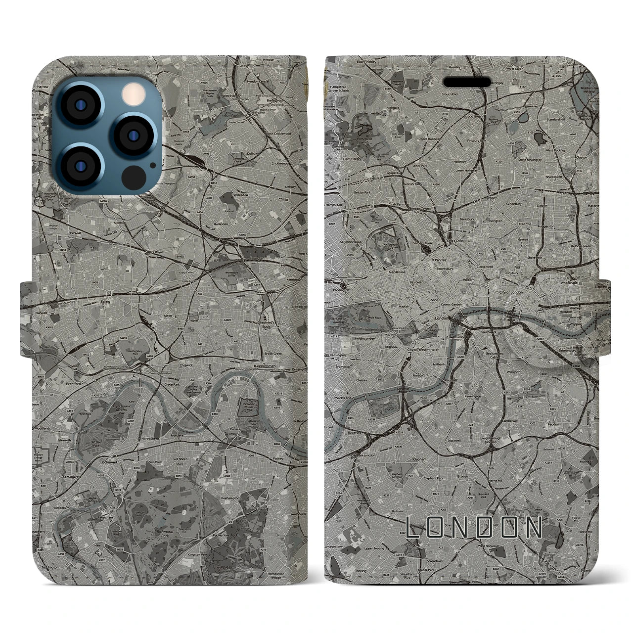 【ロンドン(イギリス)】地図柄iPhoneケース(手帳タイプ)モノトーン・iPhone 12 / 12 Pro 用