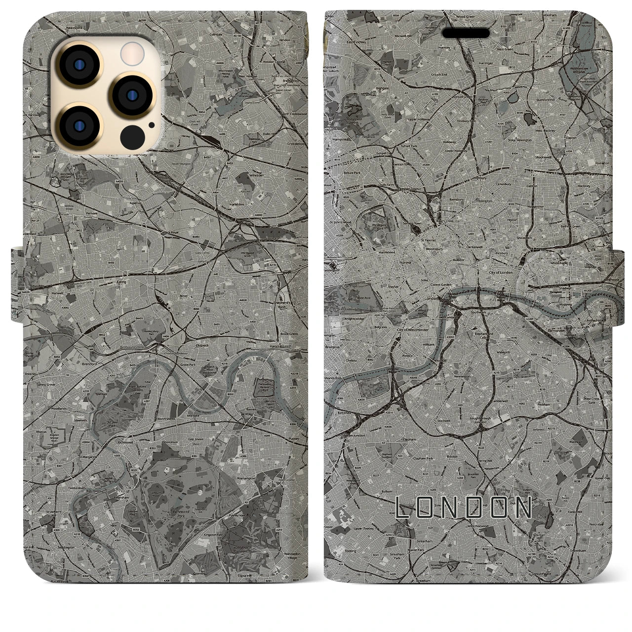 【ロンドン(イギリス)】地図柄iPhoneケース(手帳タイプ)モノトーン・iPhone 12 Pro Max 用