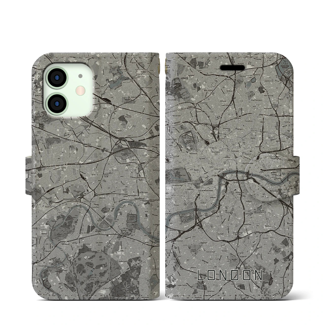 【ロンドン(イギリス)】地図柄iPhoneケース(手帳タイプ)モノトーン・iPhone 12 mini 用
