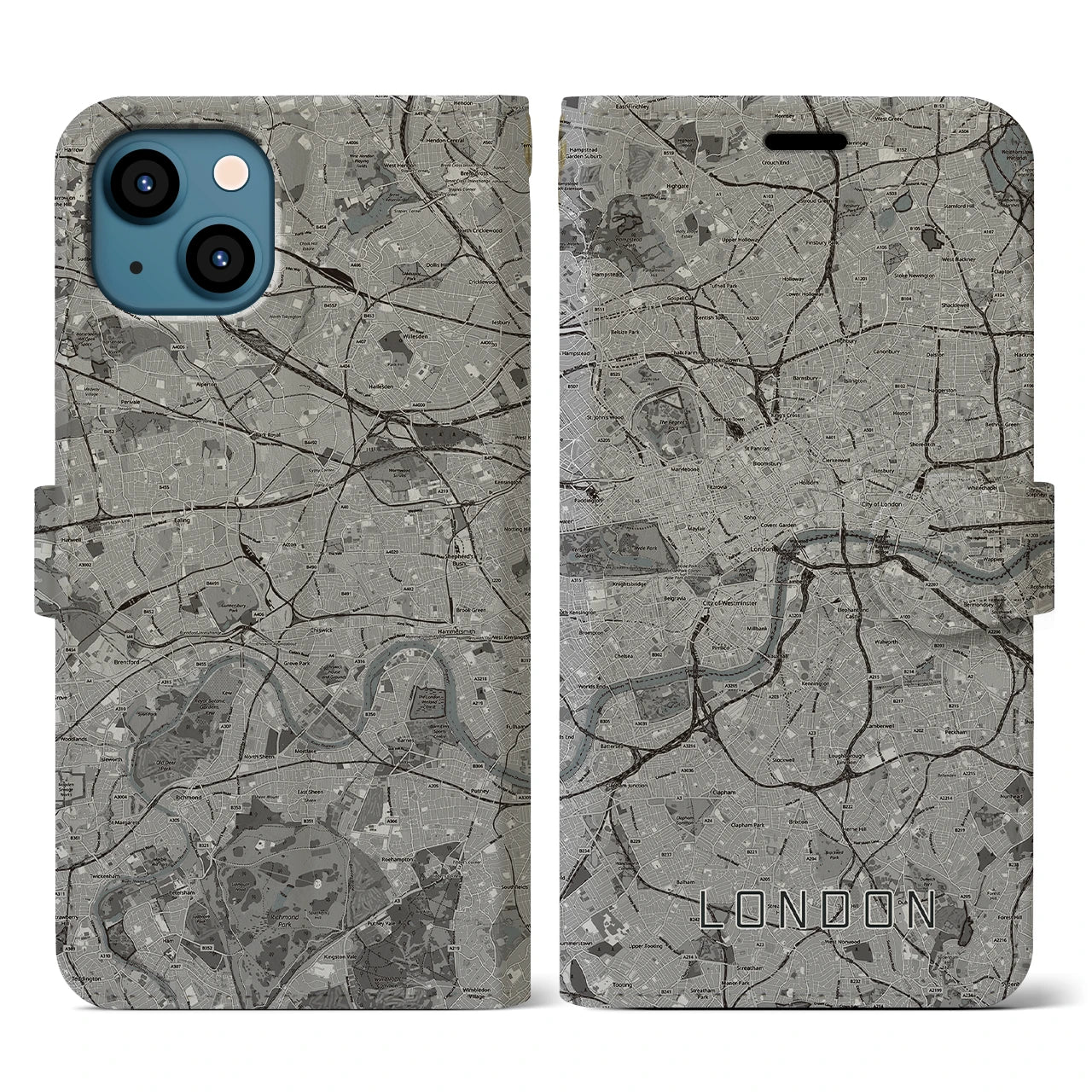 【ロンドン(イギリス)】地図柄iPhoneケース(手帳タイプ)モノトーン・iPhone 13 用
