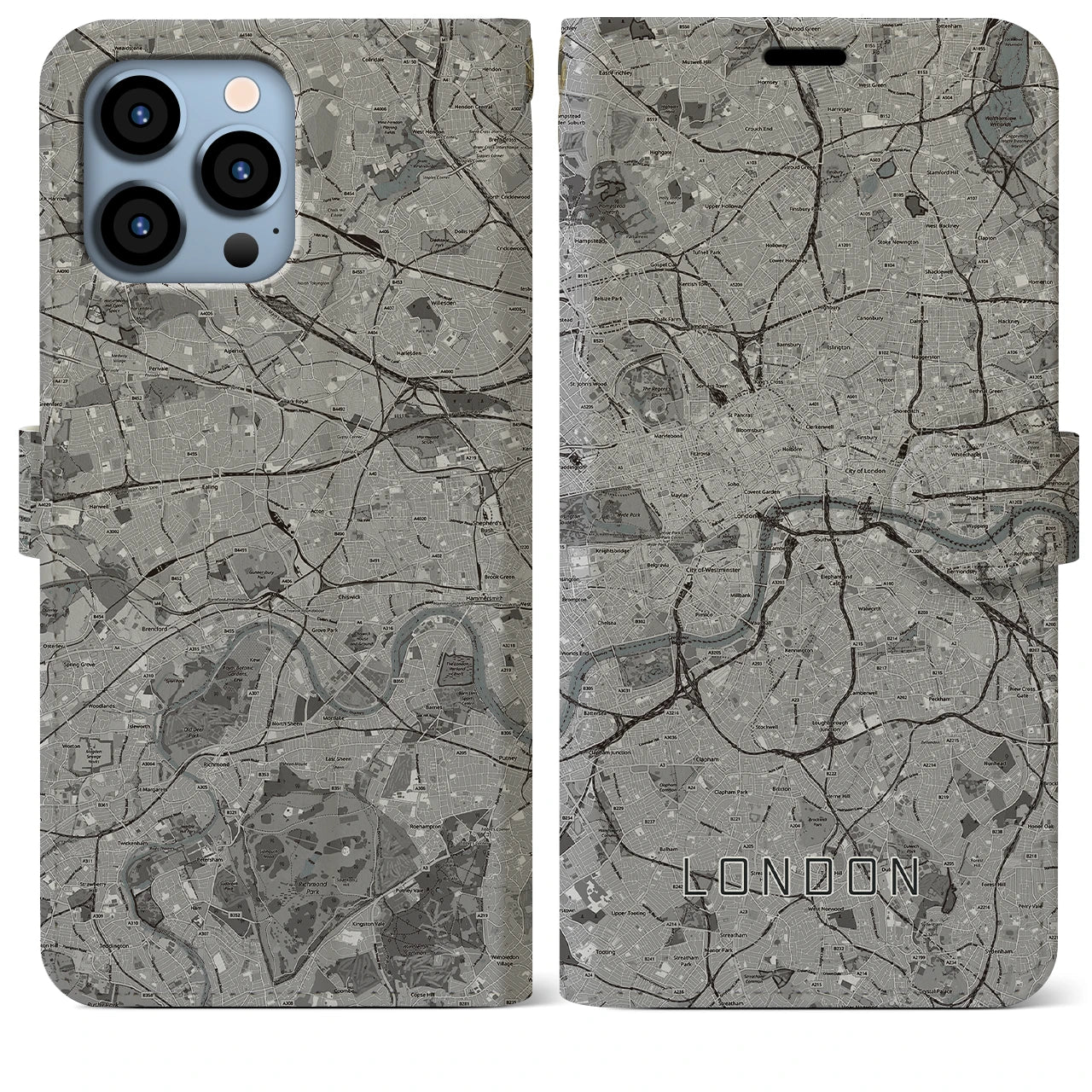 【ロンドン(イギリス)】地図柄iPhoneケース(手帳タイプ)モノトーン・iPhone 13 Pro Max 用