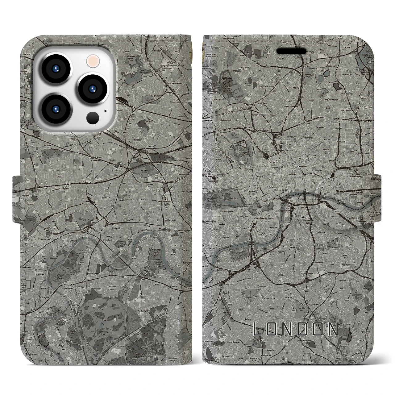 【ロンドン(イギリス)】地図柄iPhoneケース(手帳タイプ)モノトーン・iPhone 13 Pro 用