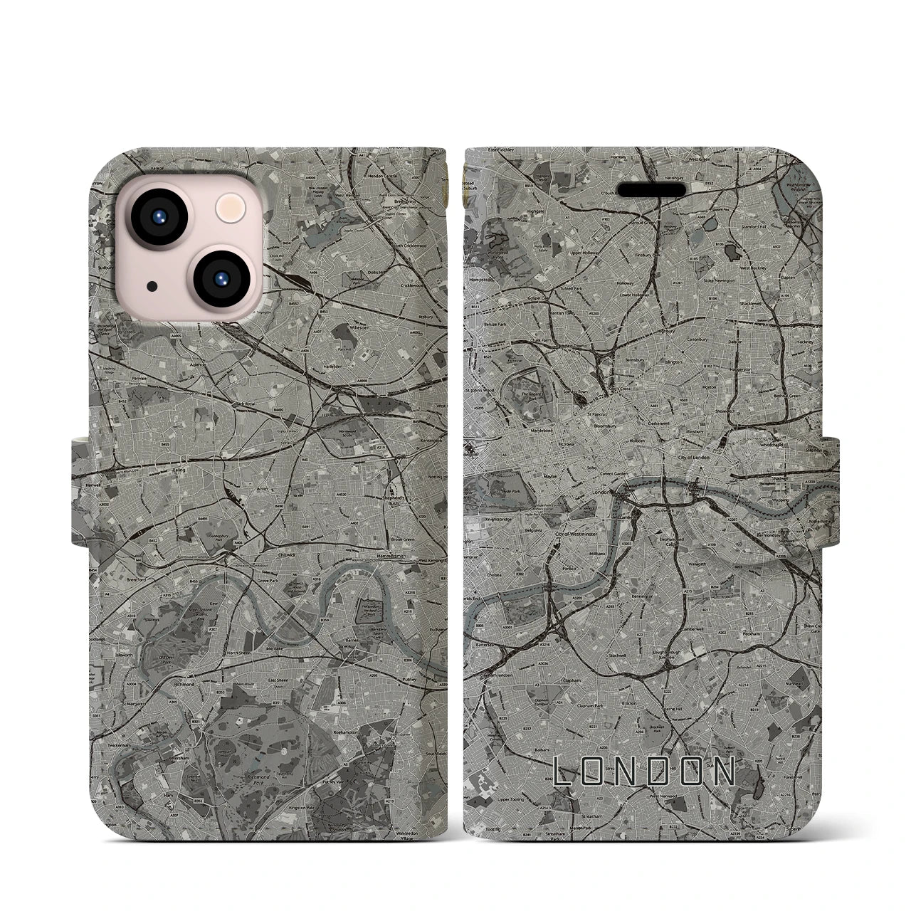 【ロンドン(イギリス)】地図柄iPhoneケース(手帳タイプ)モノトーン・iPhone 13 mini 用