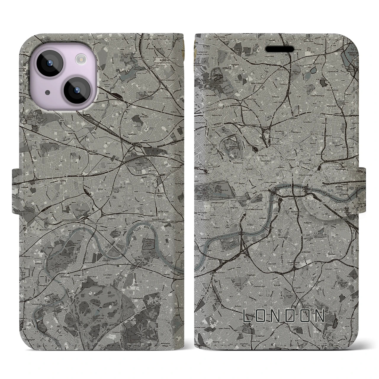 【ロンドン(イギリス)】地図柄iPhoneケース(手帳タイプ)モノトーン・iPhone 14 用