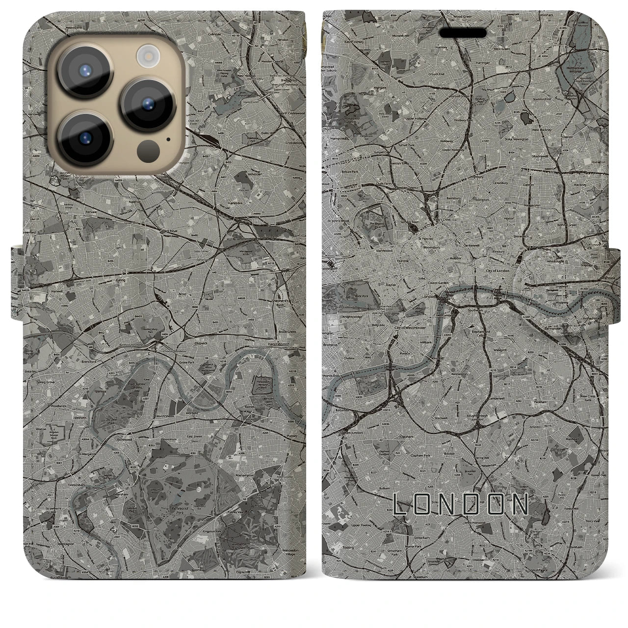 【ロンドン(イギリス)】地図柄iPhoneケース(手帳タイプ)モノトーン・iPhone 14 Pro Max 用