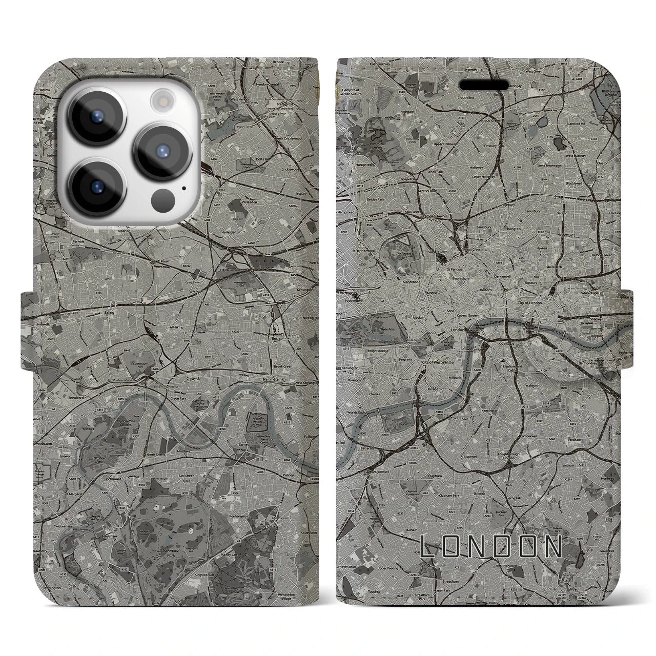 【ロンドン(イギリス)】地図柄iPhoneケース(手帳タイプ)モノトーン・iPhone 14 Pro 用