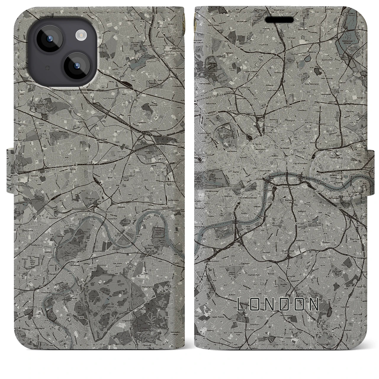 【ロンドン(イギリス)】地図柄iPhoneケース(手帳タイプ)モノトーン・iPhone 14 Plus 用