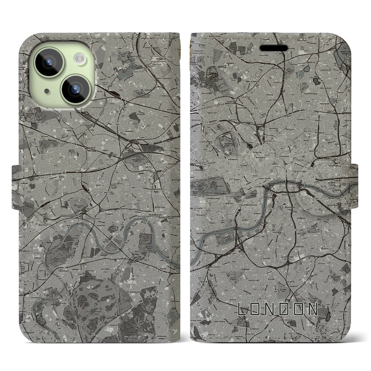 【ロンドン(イギリス)】地図柄iPhoneケース(手帳タイプ)モノトーン・iPhone 15 用