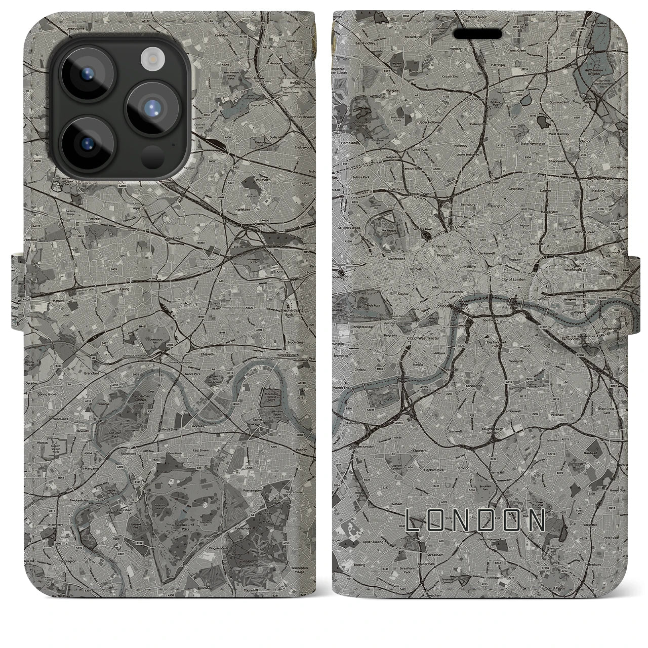 【ロンドン(イギリス)】地図柄iPhoneケース(手帳タイプ)モノトーン・iPhone 15 Pro Max 用