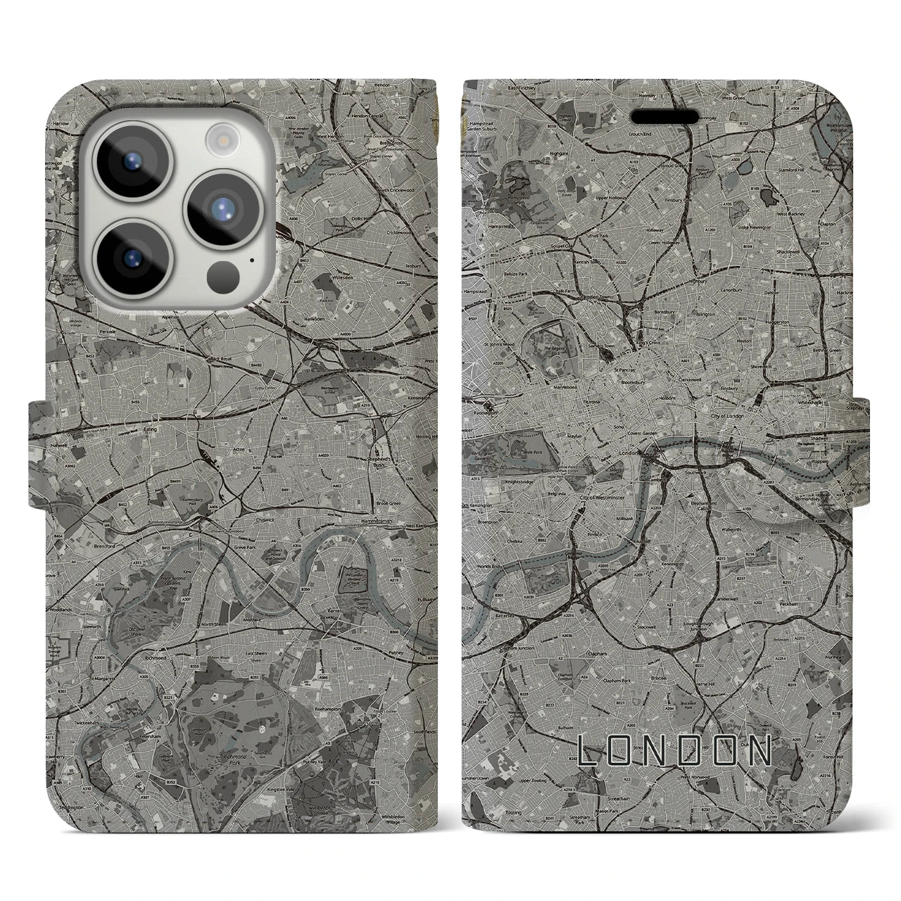 【ロンドン(イギリス)】地図柄iPhoneケース(手帳タイプ)モノトーン・iPhone 15 Pro 用