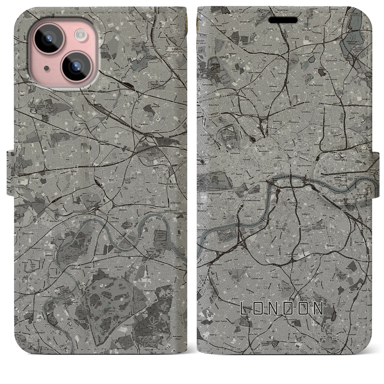 【ロンドン(イギリス)】地図柄iPhoneケース(手帳タイプ)モノトーン・iPhone 15 Plus 用