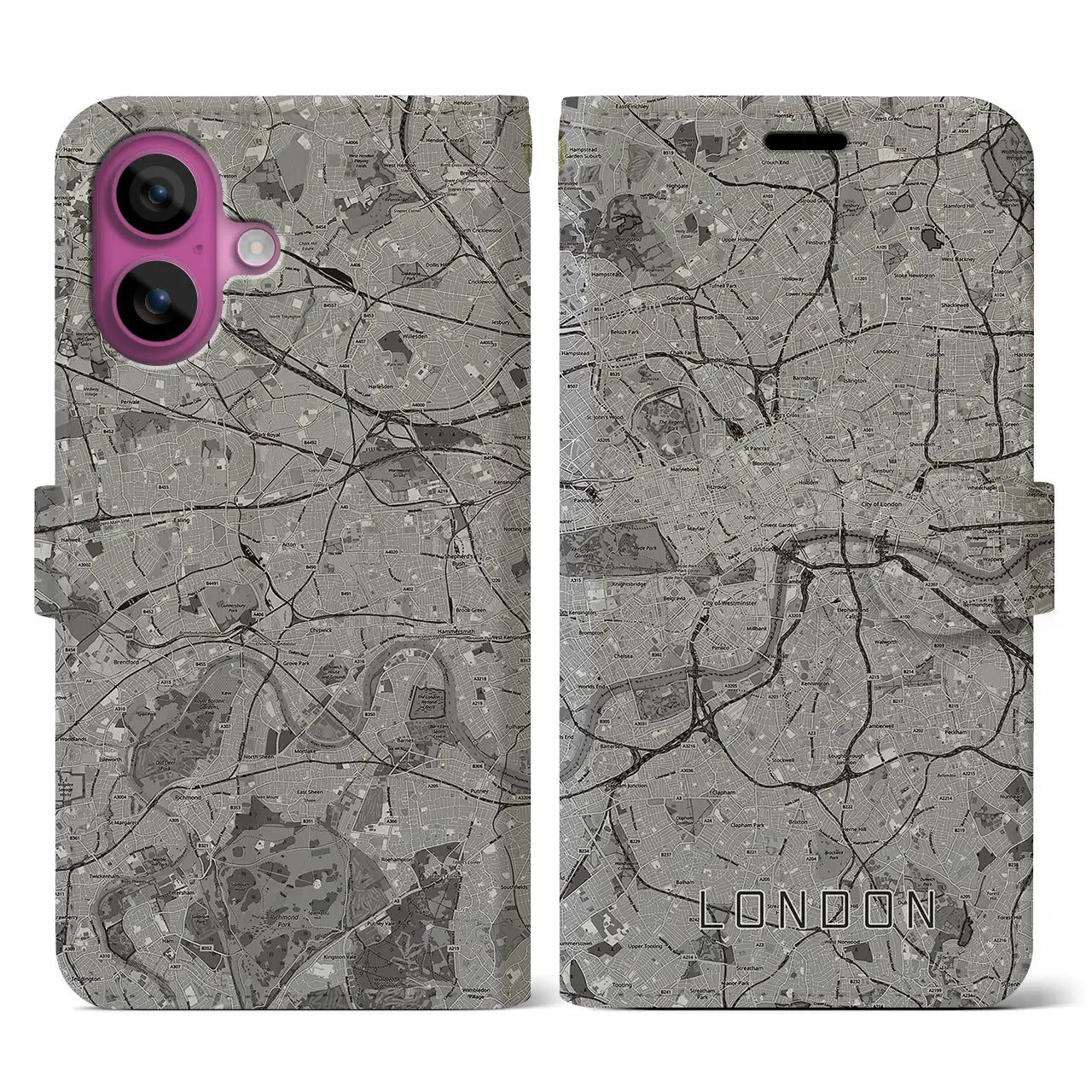 【ロンドン(イギリス)】地図柄iPhoneケース(手帳タイプ)モノトーン・iPhone 16 Pro 用