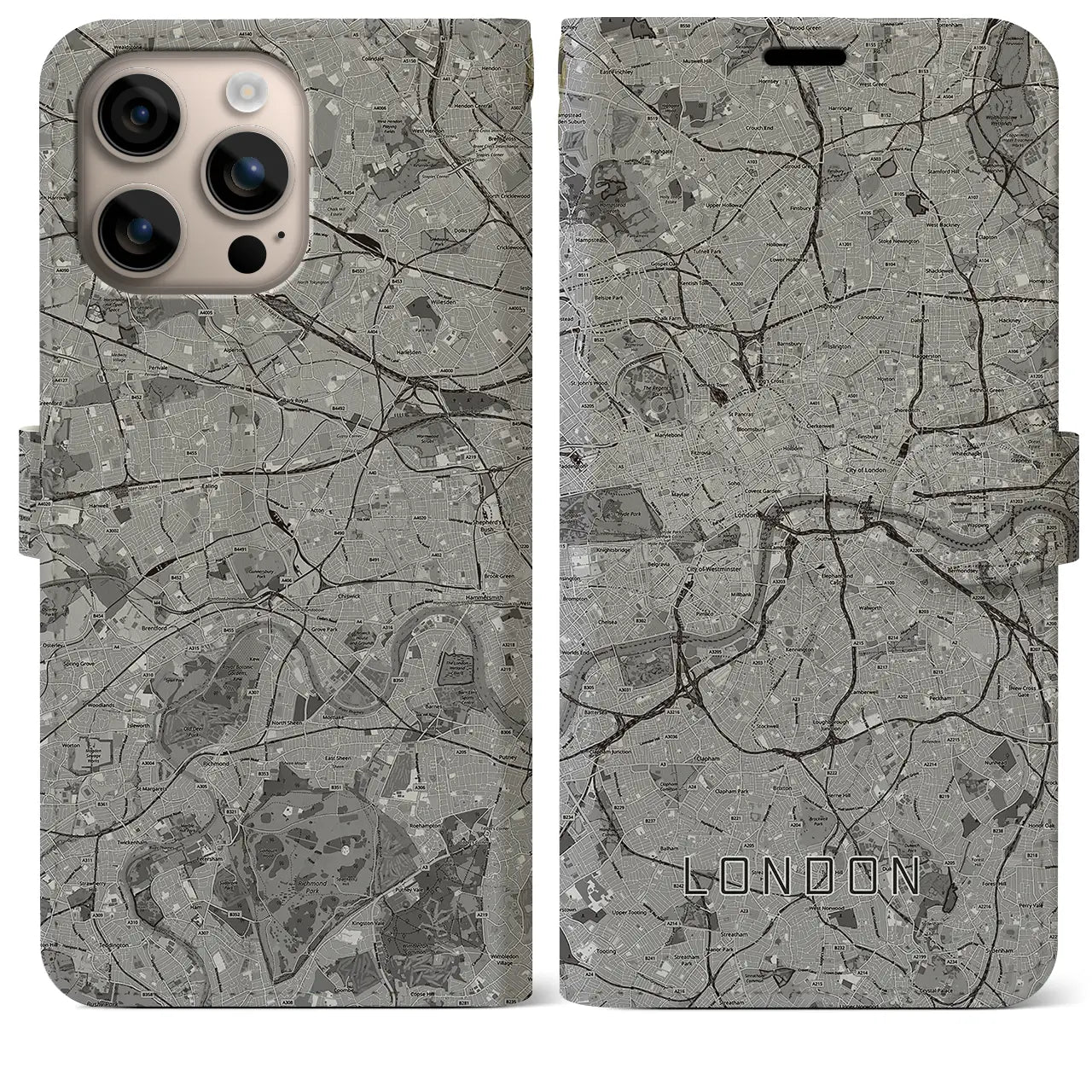 【ロンドン(イギリス)】地図柄iPhoneケース(手帳タイプ)モノトーン・iPhone 16 Plus 用