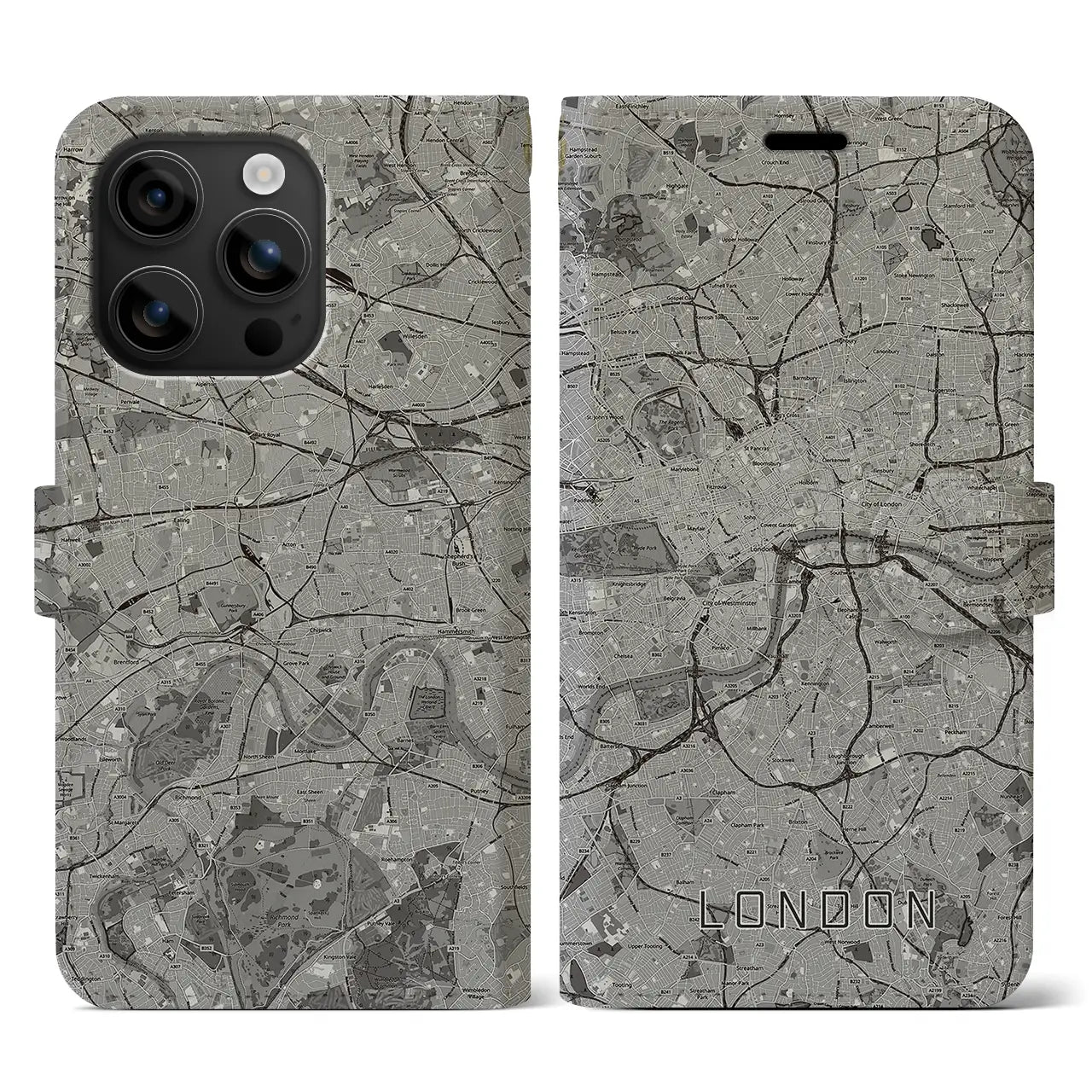 【ロンドン(イギリス)】地図柄iPhoneケース(手帳タイプ)モノトーン・iPhone 16 用