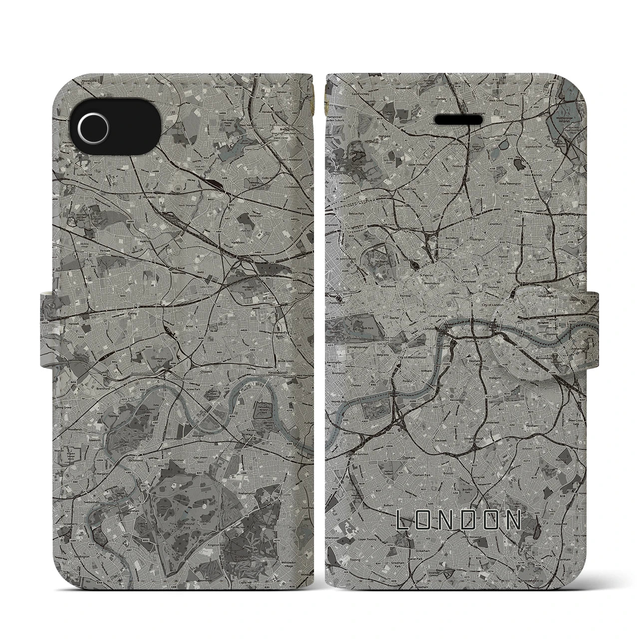 【ロンドン(イギリス)】地図柄iPhoneケース(手帳タイプ)モノトーン・iPhone SE(第3 / 第2世代) / 8 / 7 / 6s / 6 用