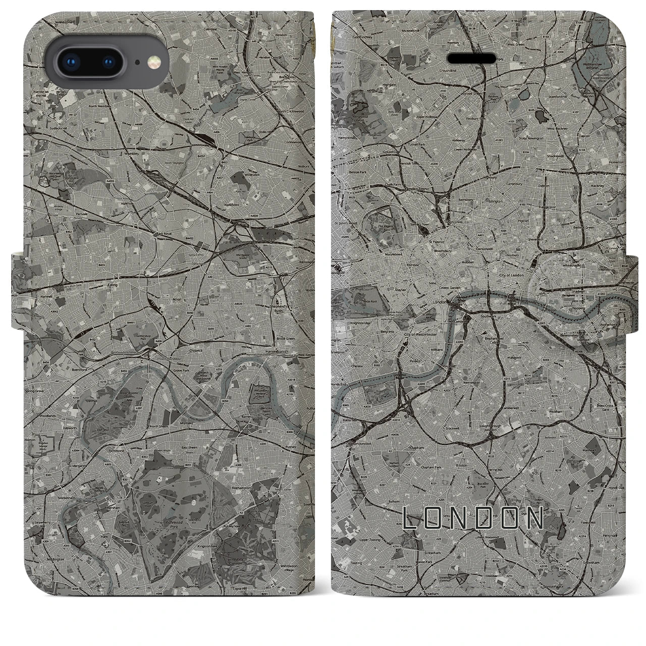 【ロンドン(イギリス)】地図柄iPhoneケース(手帳タイプ)モノトーン・iPhone 8Plus /7Plus / 6sPlus / 6Plus 用