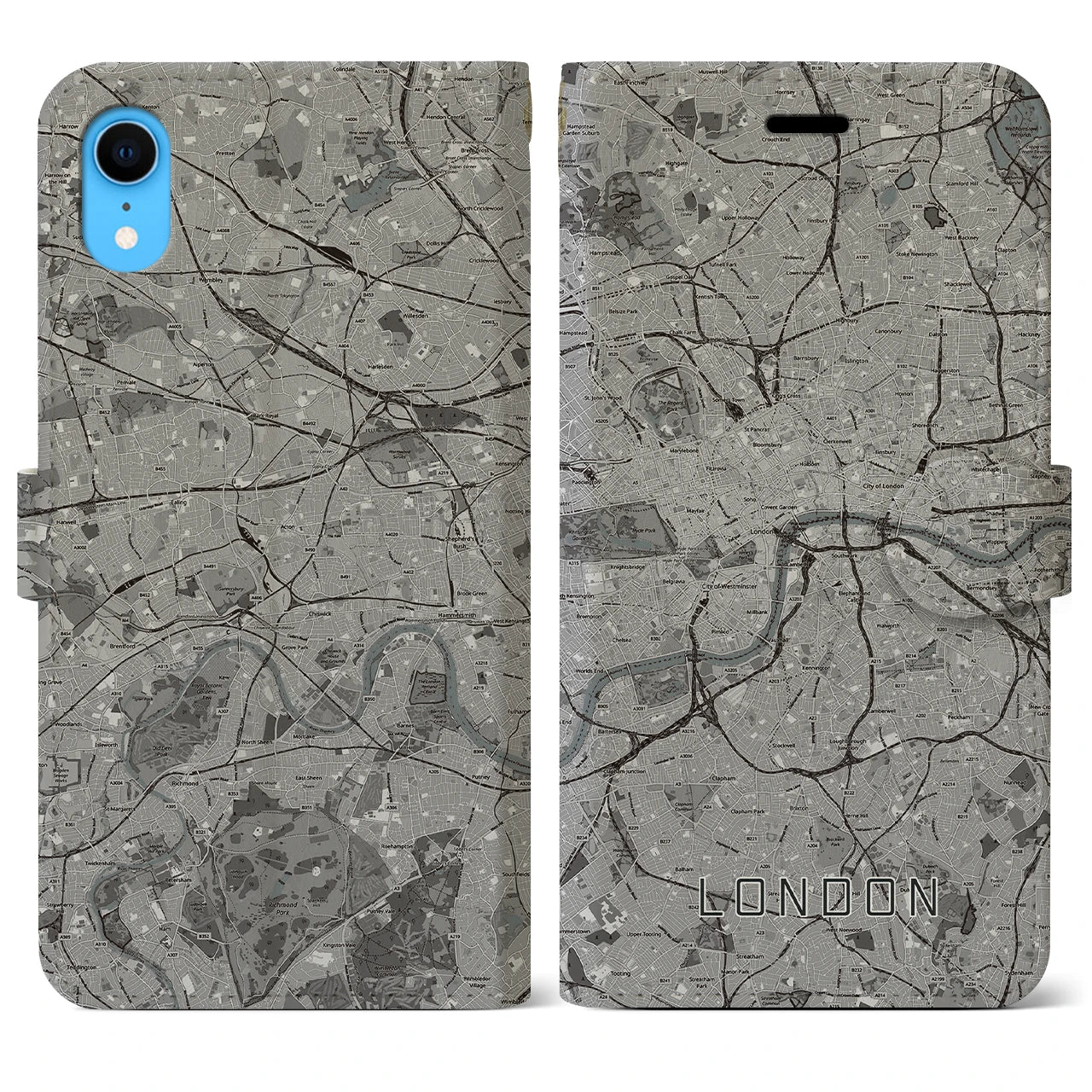【ロンドン(イギリス)】地図柄iPhoneケース(手帳タイプ)モノトーン・iPhone XR 用
