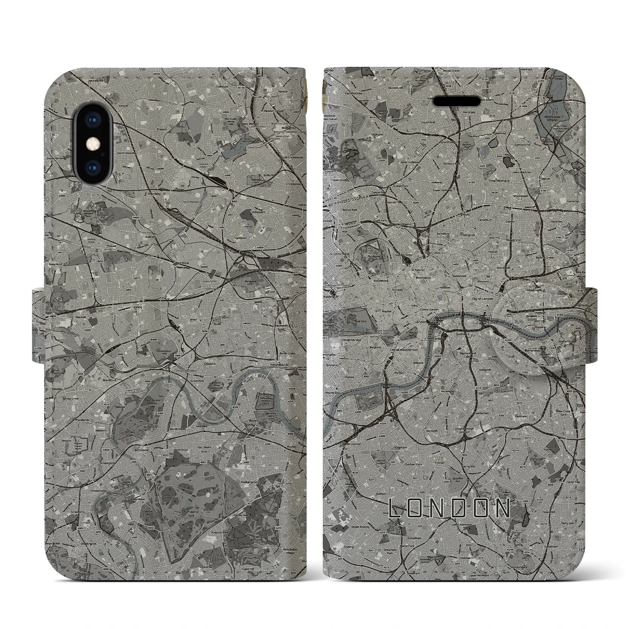【ロンドン(イギリス)】地図柄iPhoneケース(手帳タイプ)モノトーン・iPhone XS / X 用