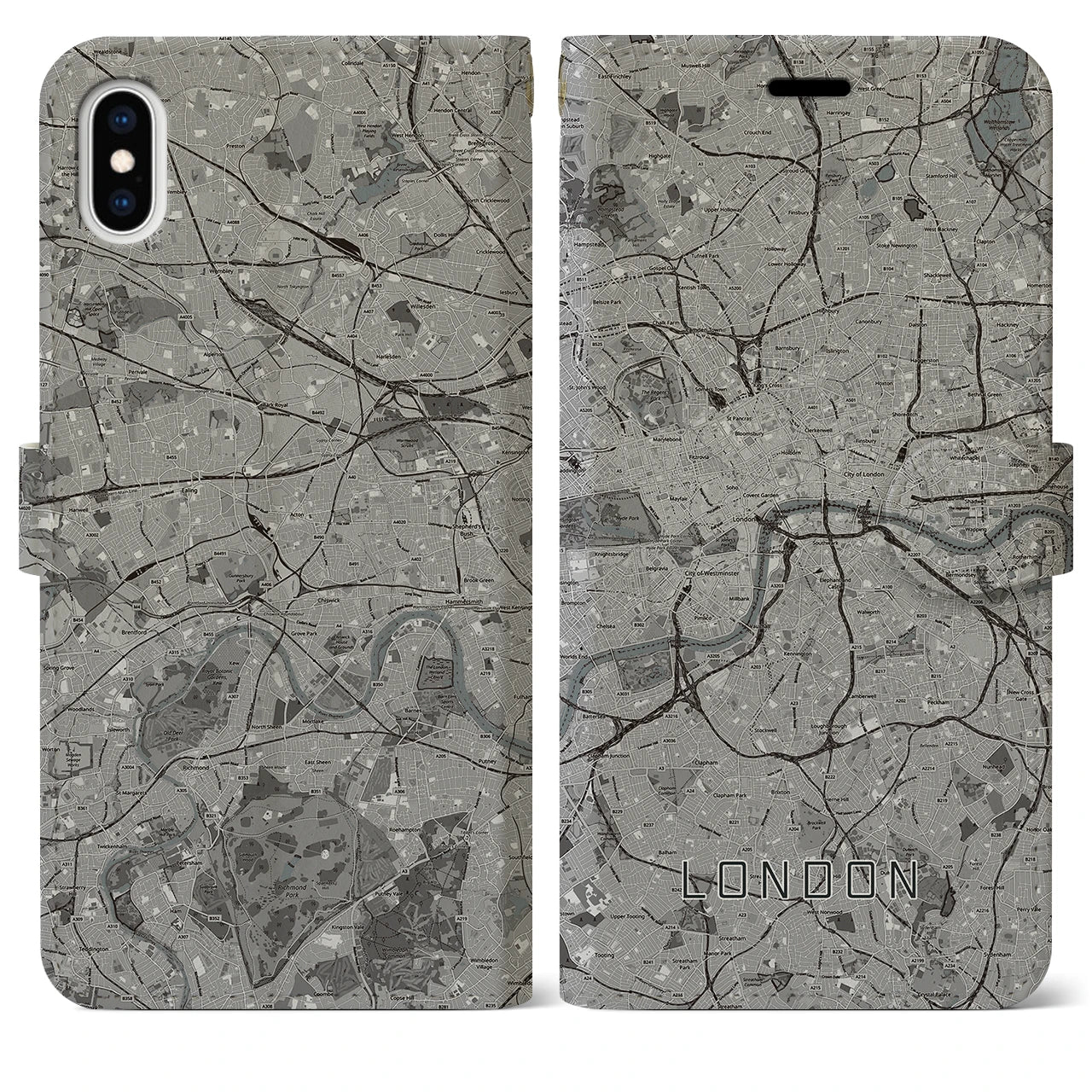 【ロンドン(イギリス)】地図柄iPhoneケース(手帳タイプ)モノトーン・iPhone XS Max 用