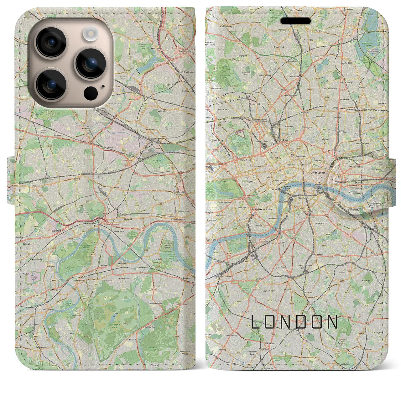 【ロンドン(イギリス)】地図柄iPhoneケース(手帳タイプ)ナチュラル・iPhone 16 Plus 用