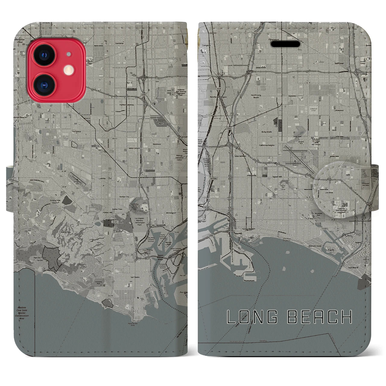 【ロングビーチ(アメリカ)】地図柄iPhoneケース(手帳タイプ)モノトーン・iPhone 11 用