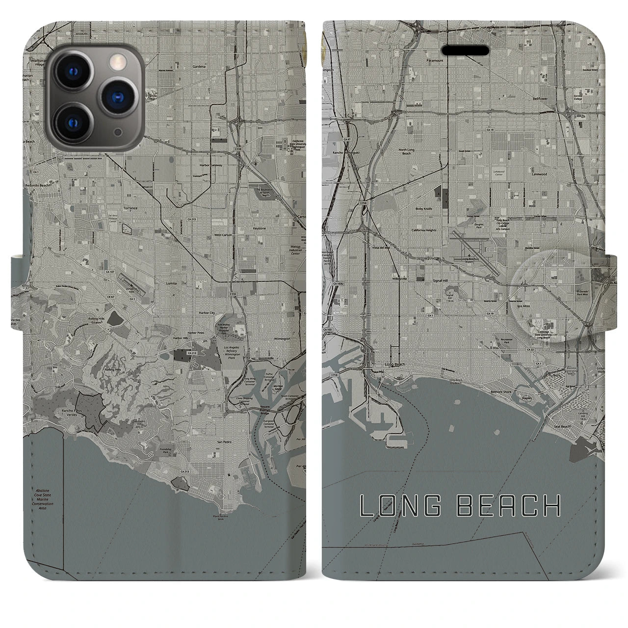 【ロングビーチ(アメリカ)】地図柄iPhoneケース(手帳タイプ)モノトーン・iPhone 11 Pro Max 用