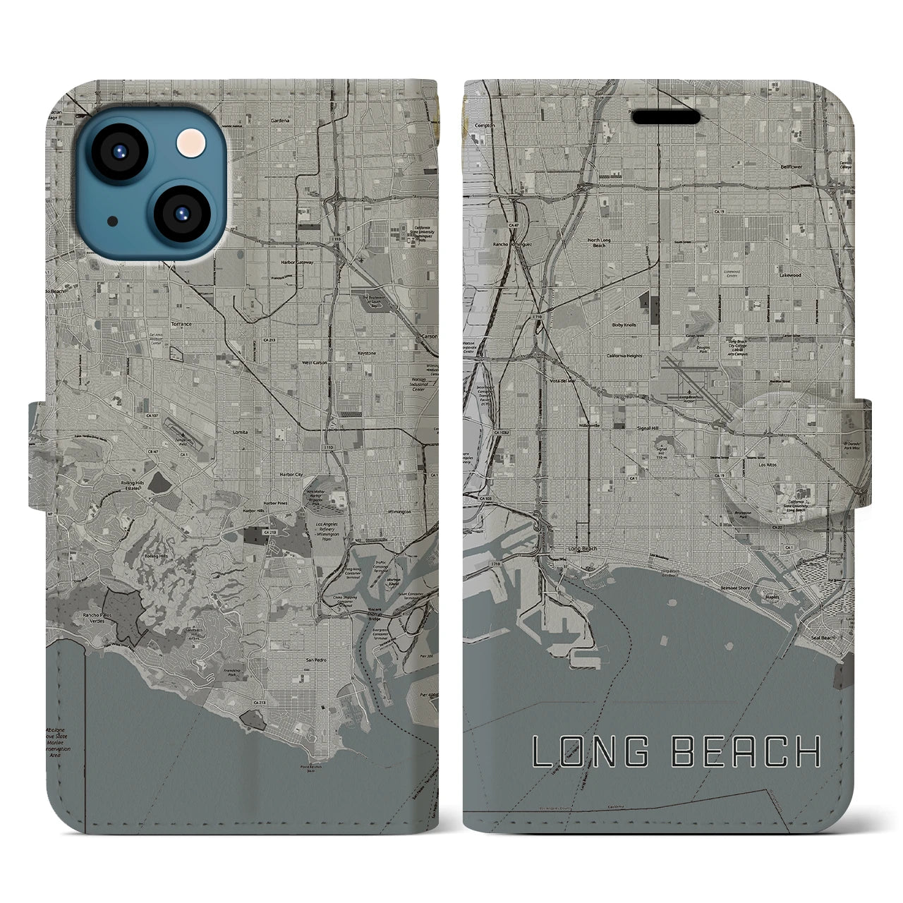 【ロングビーチ(アメリカ)】地図柄iPhoneケース(手帳タイプ)モノトーン・iPhone 13 用