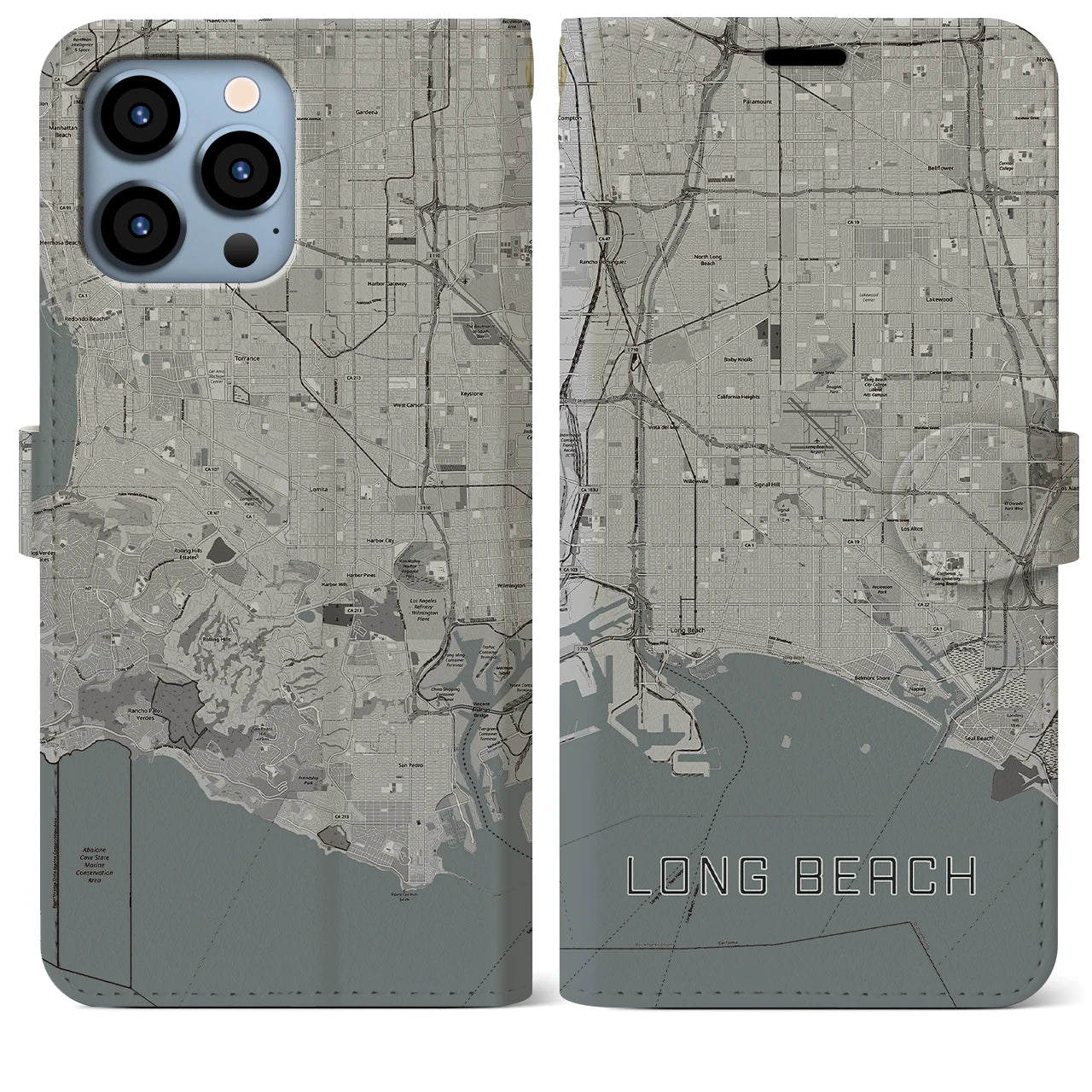 【ロングビーチ(アメリカ)】地図柄iPhoneケース(手帳タイプ)モノトーン・iPhone 13 Pro Max 用