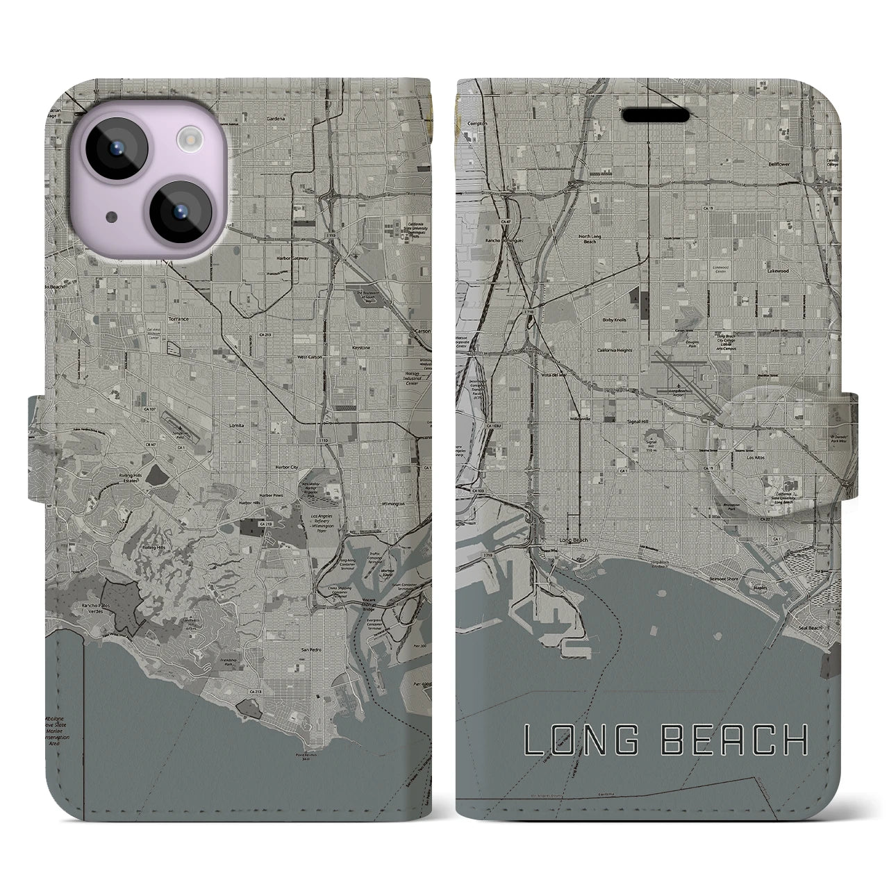 【ロングビーチ(アメリカ)】地図柄iPhoneケース(手帳タイプ)モノトーン・iPhone 14 用