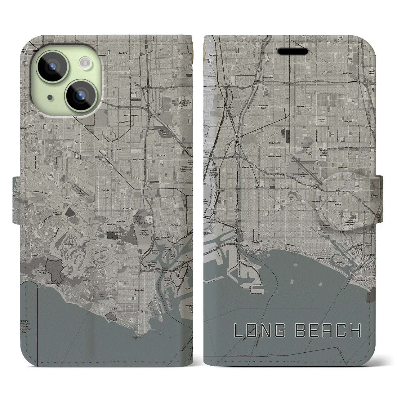 【ロングビーチ(アメリカ)】地図柄iPhoneケース(手帳タイプ)モノトーン・iPhone 15 用