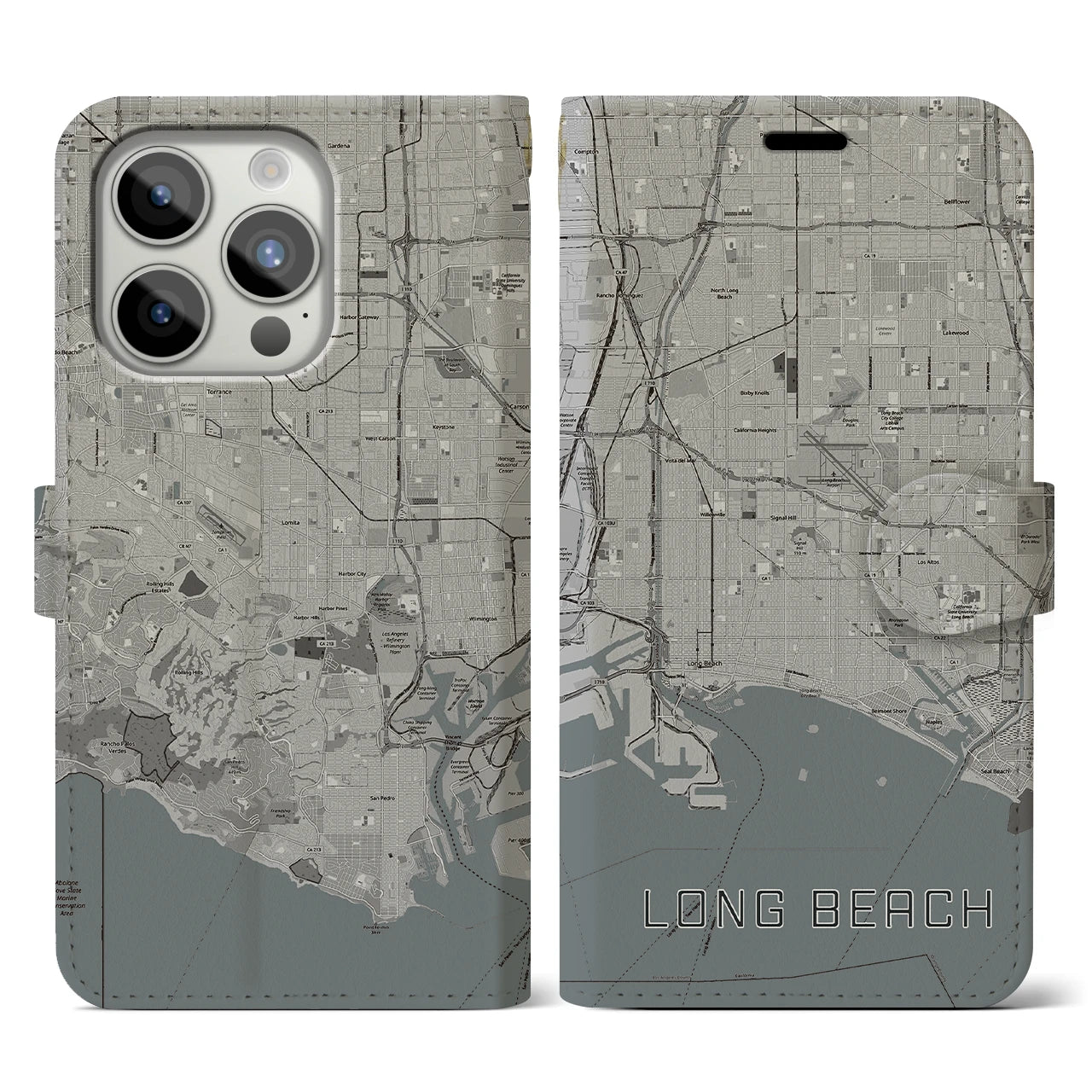 【ロングビーチ(アメリカ)】地図柄iPhoneケース(手帳タイプ)モノトーン・iPhone 15 Pro 用