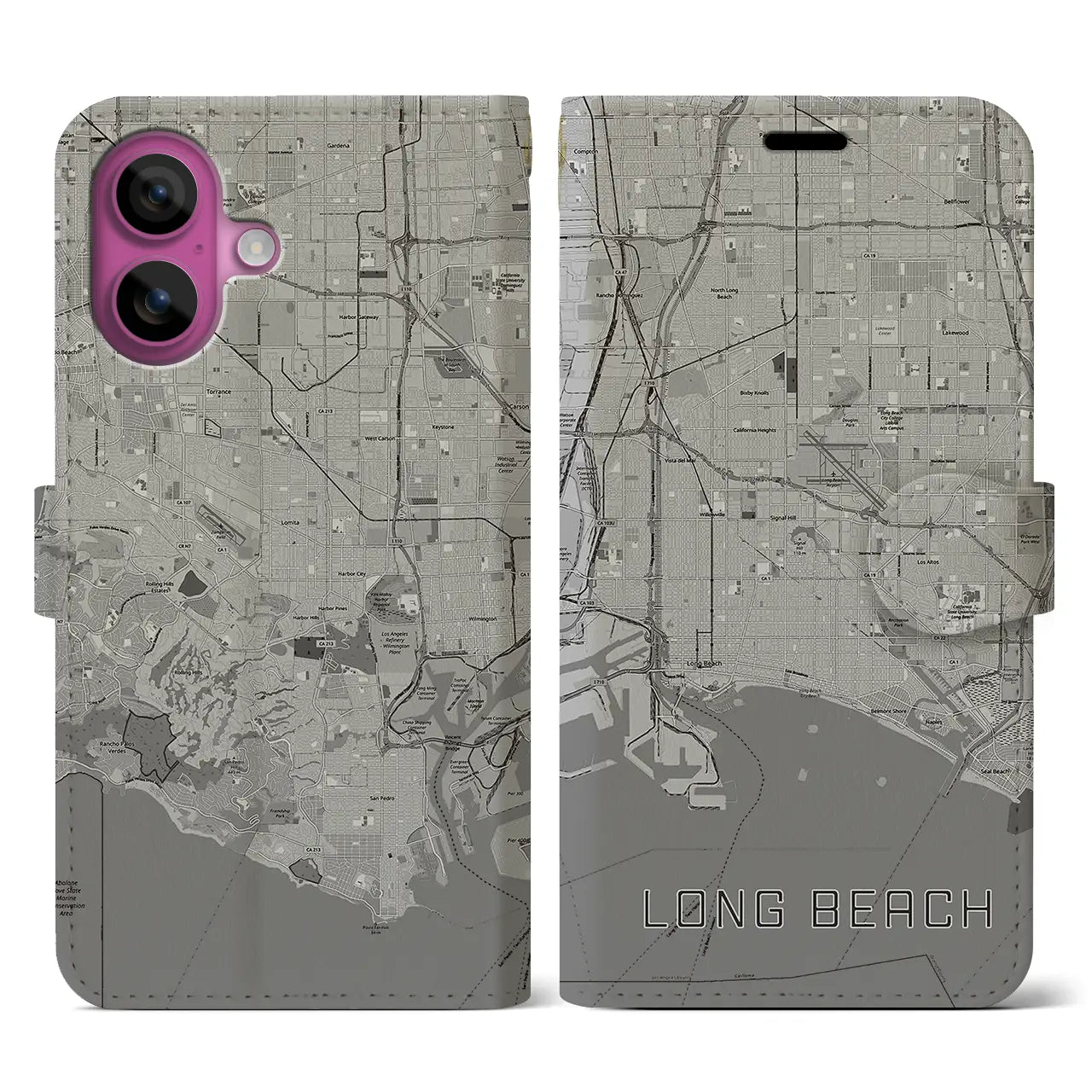 【ロングビーチ(アメリカ)】地図柄iPhoneケース(手帳タイプ)モノトーン・iPhone 16 Pro 用
