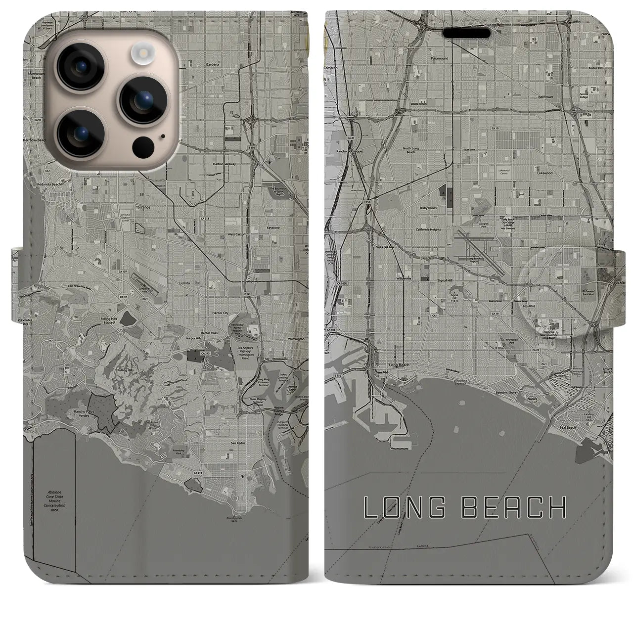 【ロングビーチ(アメリカ)】地図柄iPhoneケース(手帳タイプ)モノトーン・iPhone 16 Plus 用
