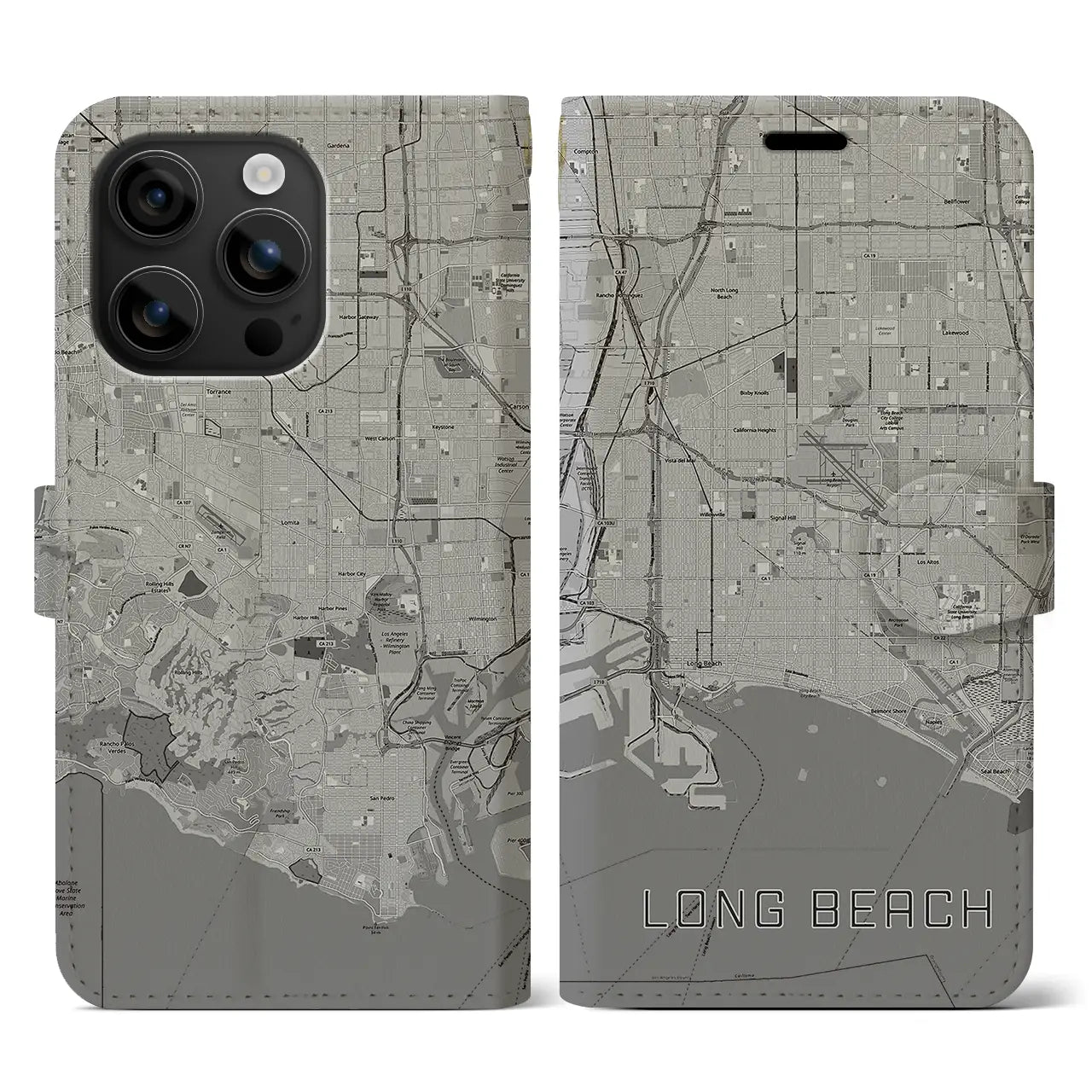 【ロングビーチ(アメリカ)】地図柄iPhoneケース(手帳タイプ)モノトーン・iPhone 16 用