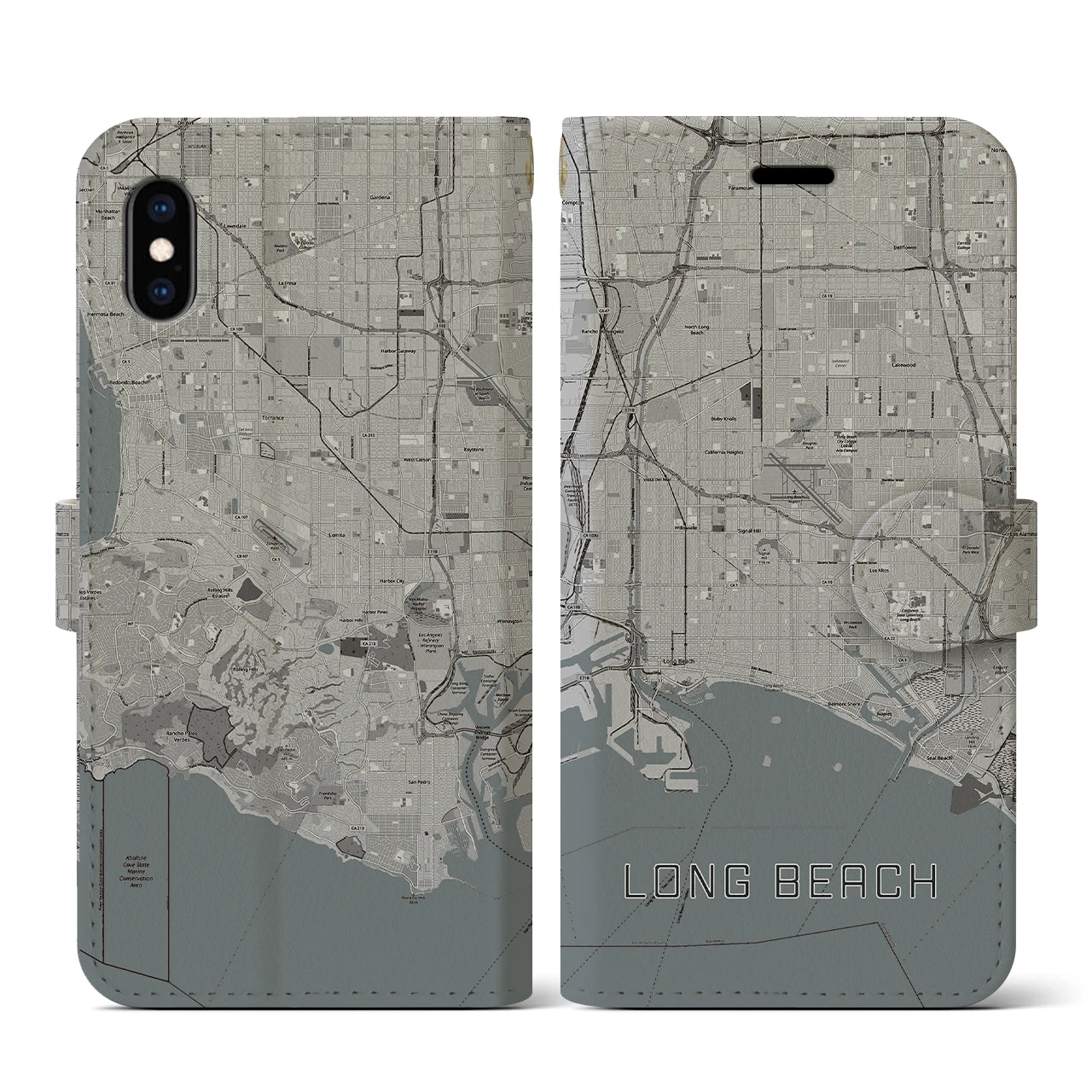 【ロングビーチ(アメリカ)】地図柄iPhoneケース(手帳タイプ)モノトーン・iPhone XS / X 用