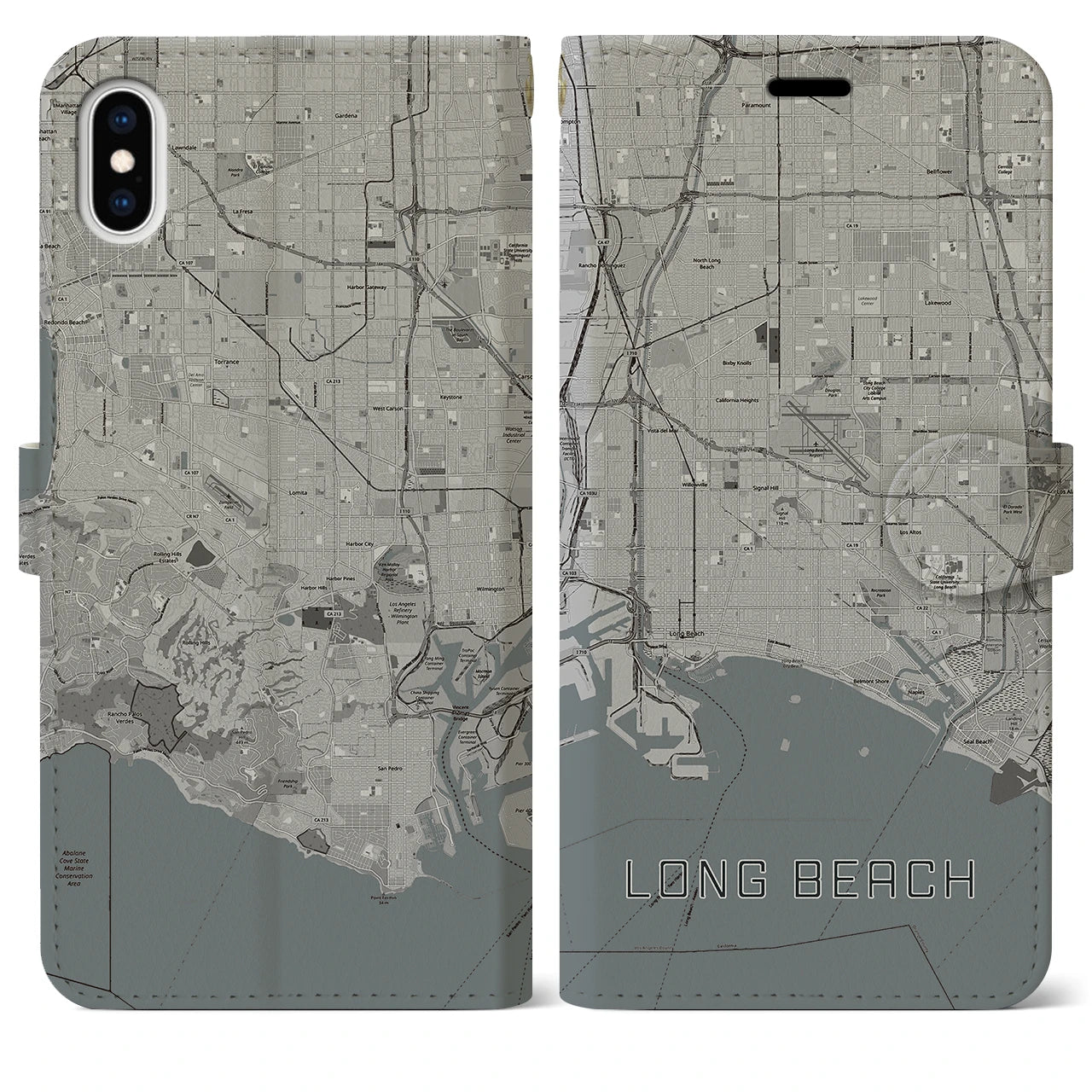 【ロングビーチ(アメリカ)】地図柄iPhoneケース(手帳タイプ)モノトーン・iPhone XS Max 用