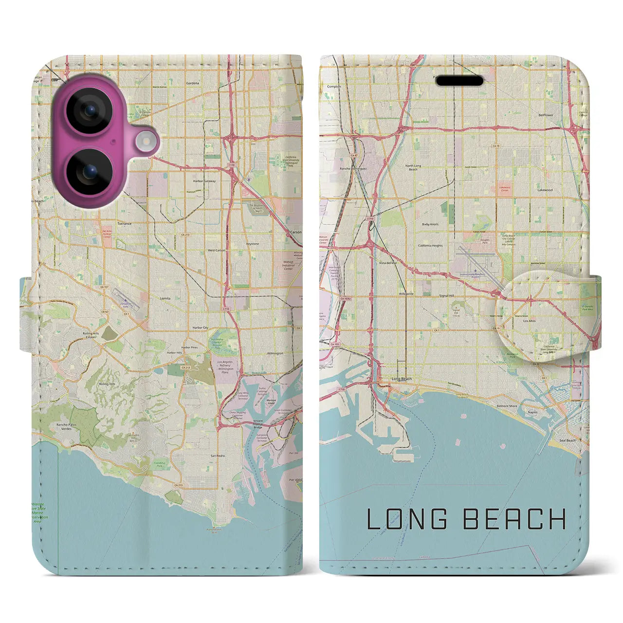 【ロングビーチ(アメリカ)】地図柄iPhoneケース(手帳タイプ)ナチュラル・iPhone 16 Pro 用