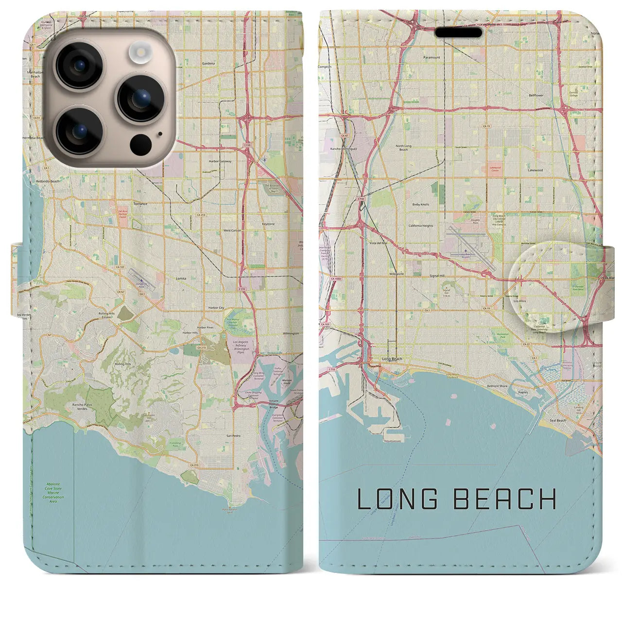 【ロングビーチ(アメリカ)】地図柄iPhoneケース(手帳タイプ)ナチュラル・iPhone 16 Plus 用