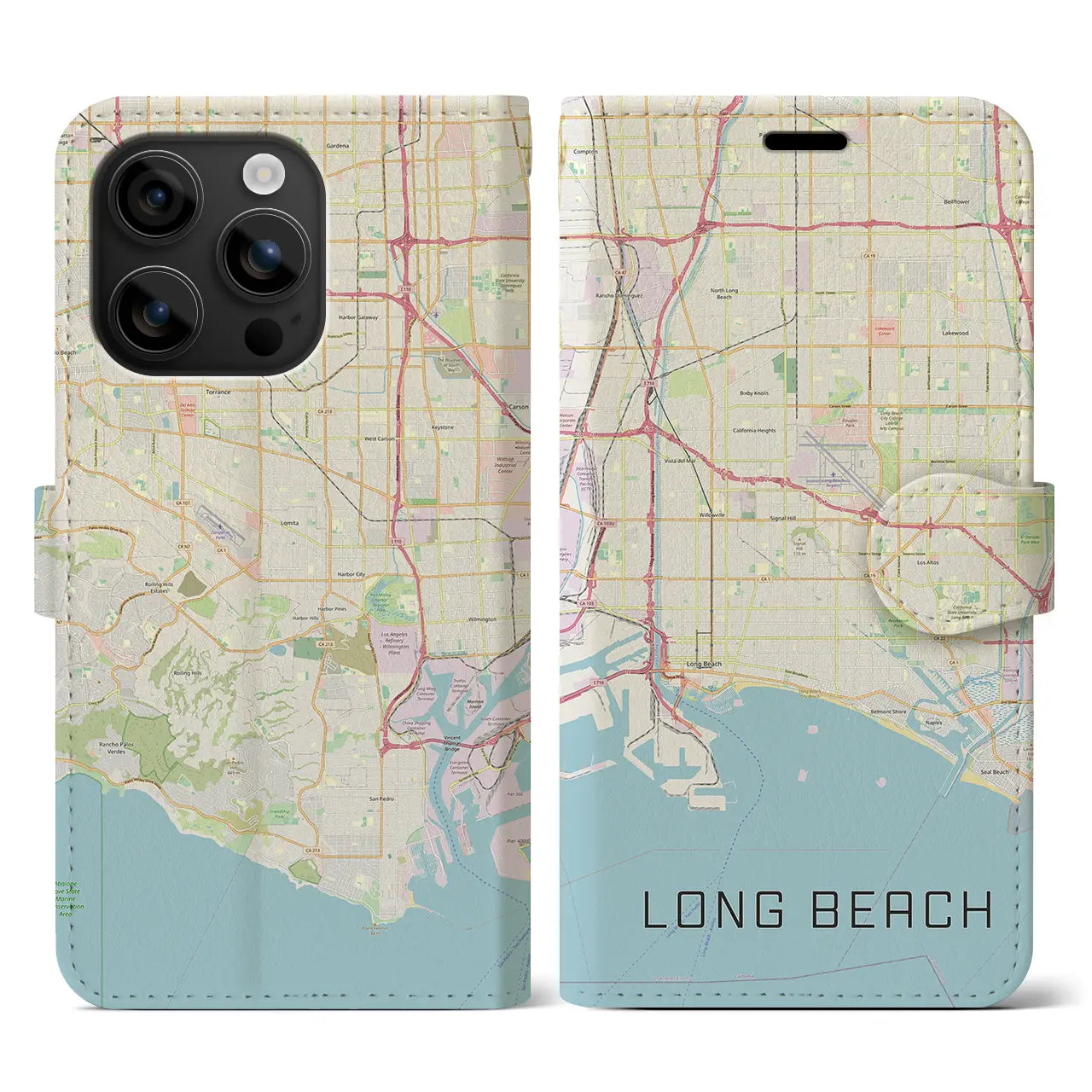 【ロングビーチ(アメリカ)】地図柄iPhoneケース(手帳タイプ)ナチュラル・iPhone 16 用