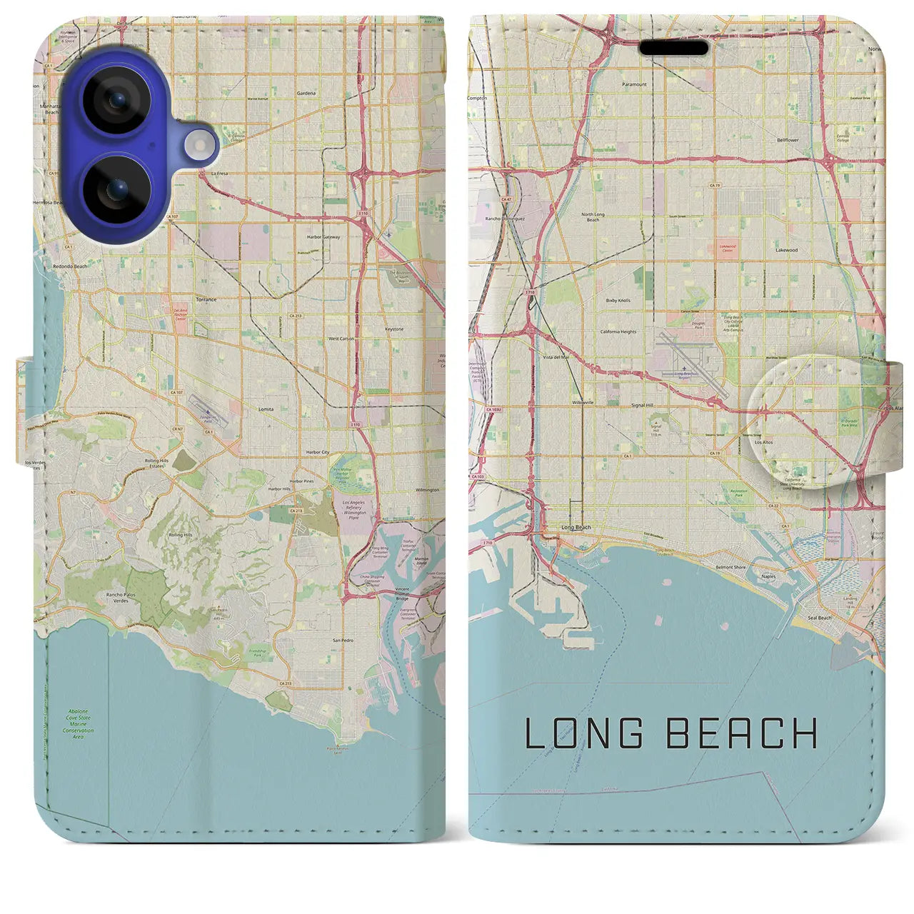 【ロングビーチ(アメリカ)】地図柄iPhoneケース(手帳タイプ)ナチュラル・iPhone 16 Pro Max 用