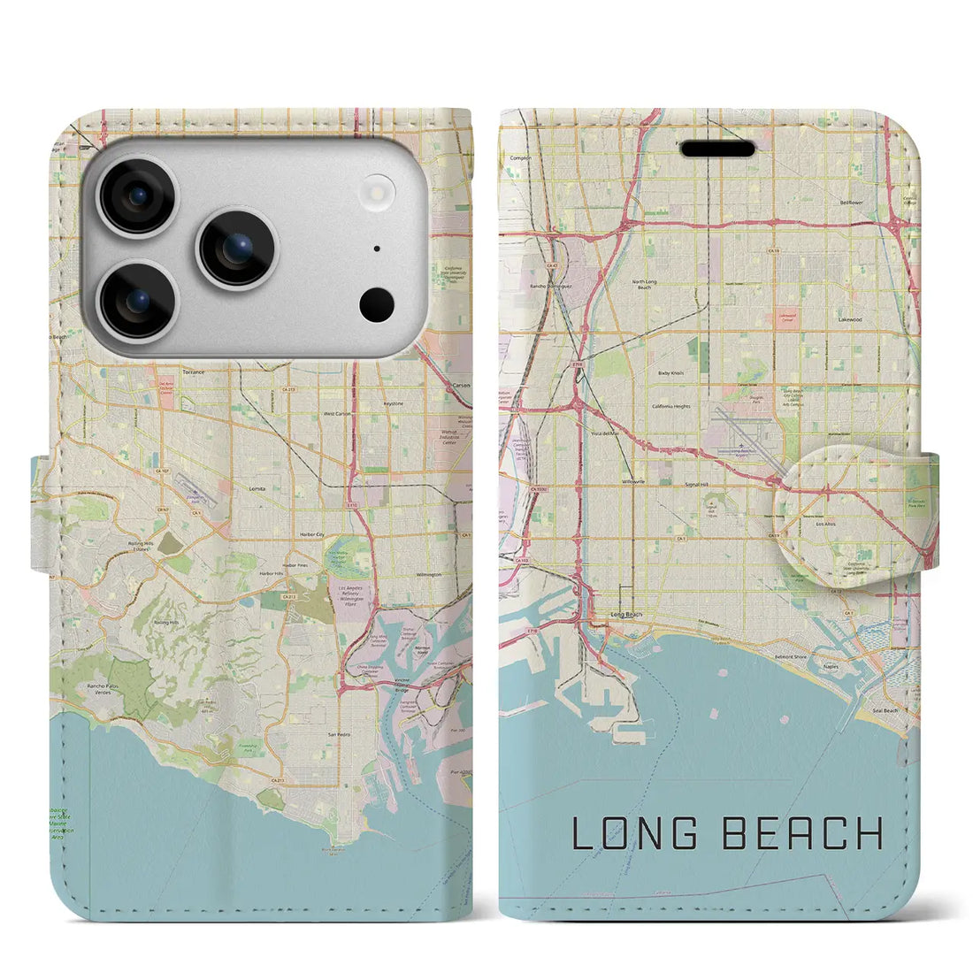 【ロングビーチ(アメリカ)】地図柄iPhoneケース(手帳タイプ)ナチュラル・iPhone 17 Pro Max 用