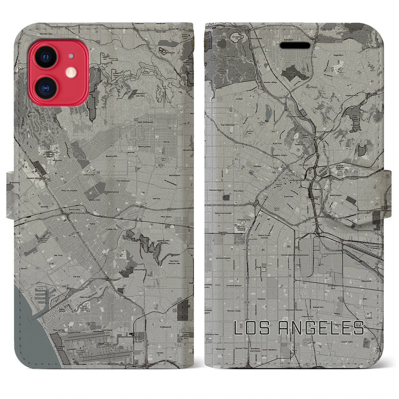 【ロサンゼルス(アメリカ)】地図柄iPhoneケース(手帳タイプ)モノトーン・iPhone 11 用